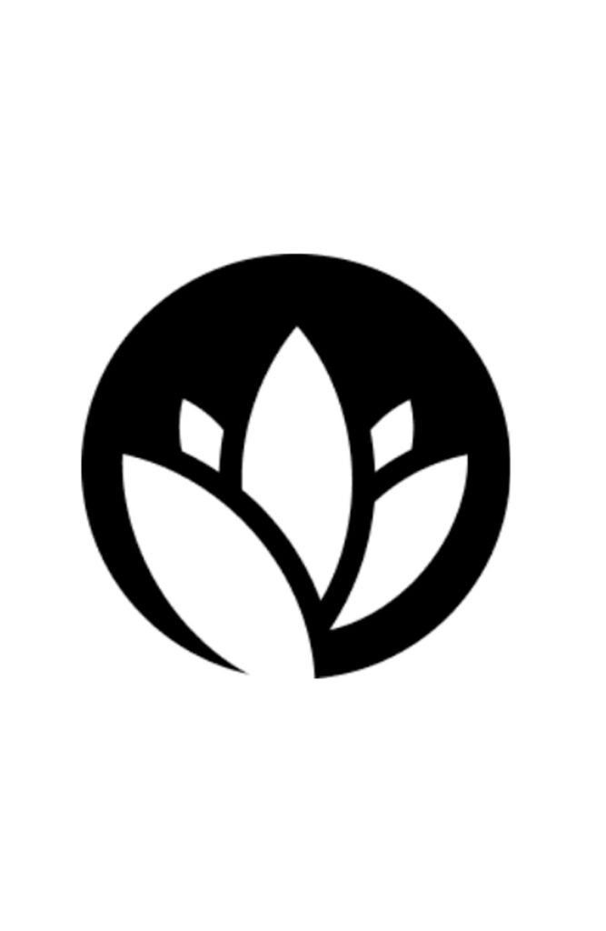 circular black logo with white leaves