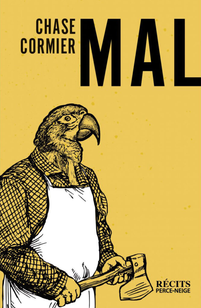book cover featuring an illustration of a person with the head of a turkey wearing an apron and holding an axe. cover is yellow