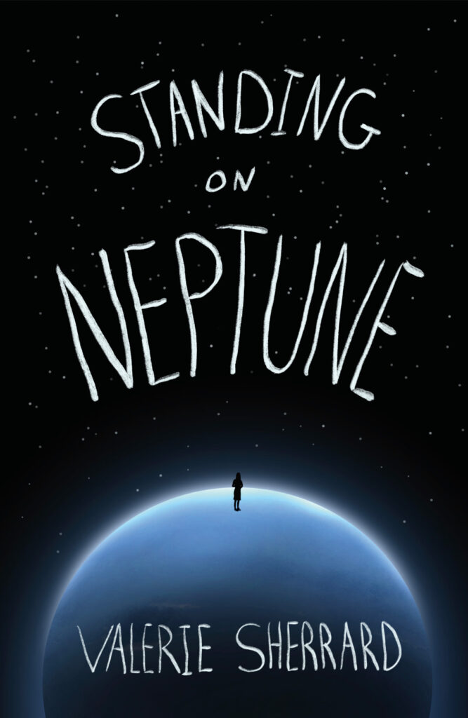 Book cover featuring title in white messy handwriting over a blue planet with a figure standing on it.